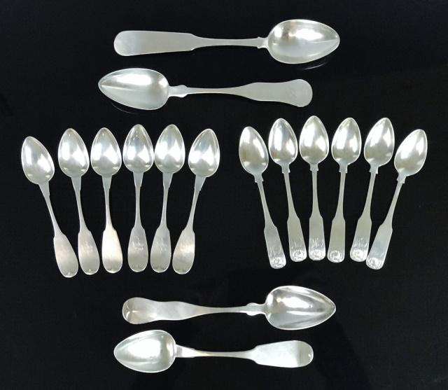 19th C. American Coin Silver Spoons, (16pc): Collection of sixteen 19th C. American coin silver spoons: (6) Matching fiddle form spoons with shell decoration, (6) Matching fiddle shaped spoons, (4) Mixed large serving spoons, various makers. Tot