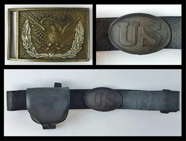 Civil War Belt, US Buckle, Officer Buckle, (2pc): Collection of Civil War belt and buckles: (1) Civil War Officer's M 1851 Wreathed Eagle belt buckle. Cast brass with silvered wreath, reverse numbered "345". Excellent condition with patina (1) Civil 