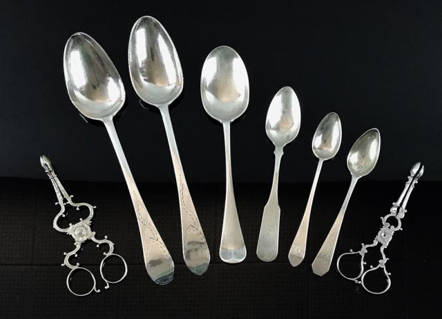 Collection, 19th C. American Coin Silver, (8pc): Collection of eight 19th C. American coin silver utensils: (1)Circa 1810 coin silver spoon, signed "BB" (Benjamin Brazilai) (2) Coin silver sugar tongs with hand chased decoration (2) Serving spoons, 