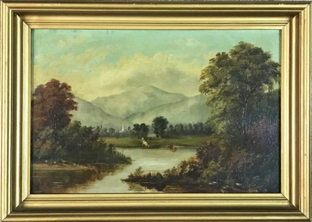 Painting Oil on Canvas, Hudson River Valley School: 19th C. Hudson River Valley School oil on canvas landscape painting. Artist signed lower right corner, "TOSCA". River with livestock and village in background. Set in moulded wooden frame, measures: 1