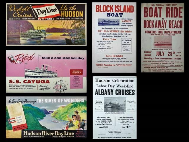 Vintage New York Ferry Advertising, (6pc): Collection of six vintage 1950's-1960's New York Ferry and Steamship advertising in printed cardstock: (3) Vintage "Hudson River Day Line" car cards, measure: 11" H x 21" W. (1) Block Island Boat, mea