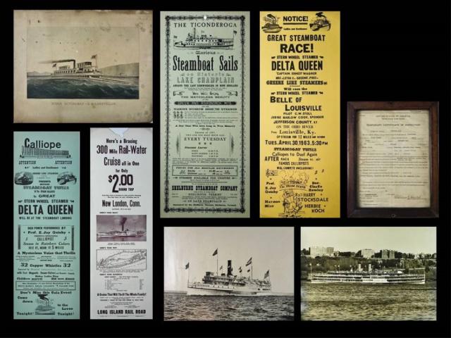 Collection, Steamship Ephemera, Photographs, (8pc): Collection of Eight Vintage Steamship Photographs and Ephemera: (3) Vintage steamship advertising broadsides, (2) Black and white steamship photographs "ALEXANDER HAMILTON" and "PLYMOUTH", measure 8" 