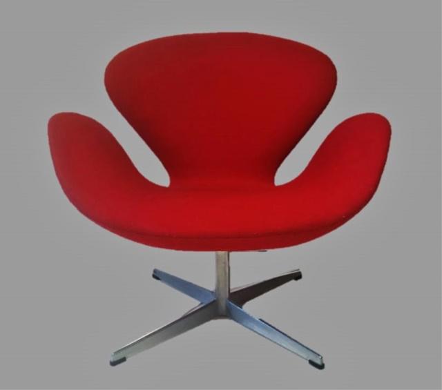 Danish Modern Arne Jacobson Chair, Fritzhansen: 20th C. Danish Modern "Arne Jacobson" upholstered swan chair, signed "FITZHANSEN". Chair upholstered in red fabric with steel column four arm base with label affixed. Chair in excellent condition, mea