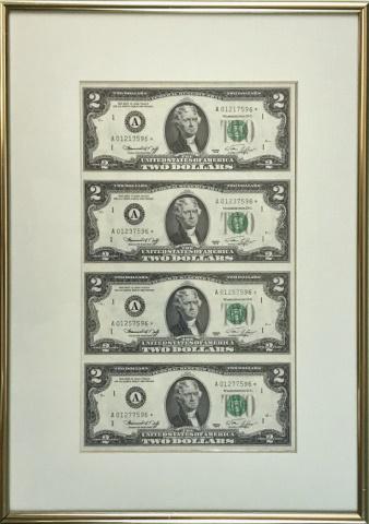 Uncut Sheet of U.S. 1976 $2.00 Bills, Star Notes: Uncut sheet of four 1976 U.S. $2.00 Bills. Crisp uncirculated sheet, Boston Federal Reserve Seal and Star following serial number. Sheet is framed under double glass. Measures: 15" H x 10" W.