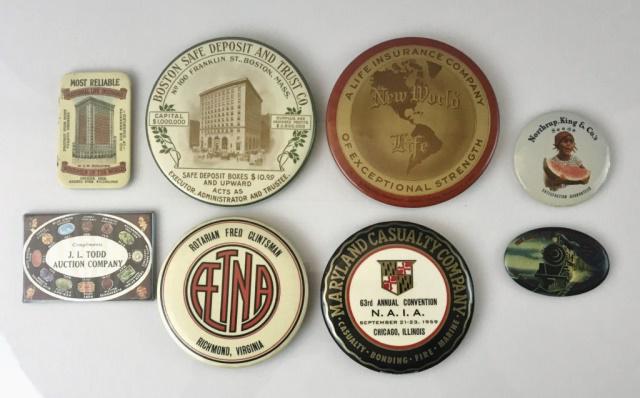 Lithograph Celluloid Advertising Mirrors, (8pc): Collection of eight antique lithograph celluloid advertising mirrors: (1) AETNA, Richmond, VA, (1) Maryland Casualty Co., (1) Boston Safe Deposit and Trust, (1) New World Life, (1) Fraternal Life Insu