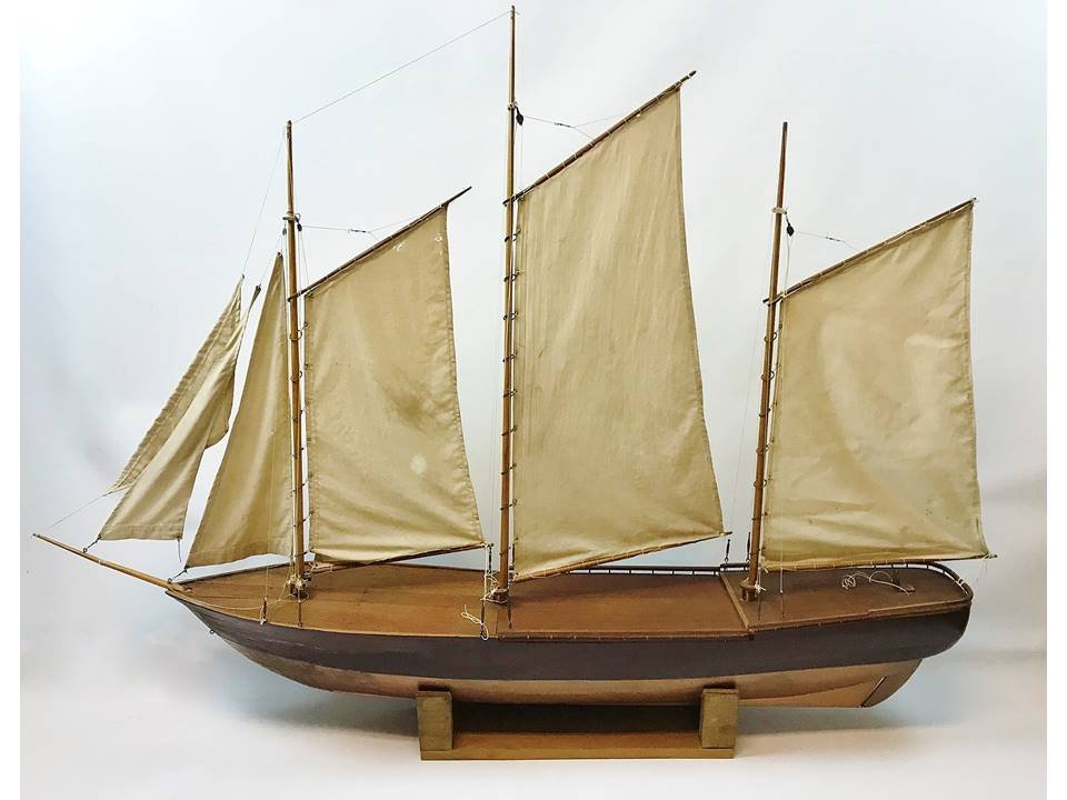 Antique Wooden Gaff Rigged Pond Boat: Early 20th C. hand crafted wooden pond boat. Three masted gaff rigged ship with working rigging and rudder. Cotton canvas sails and cord rigging with brass blocks. Deck with surround railing. Good con