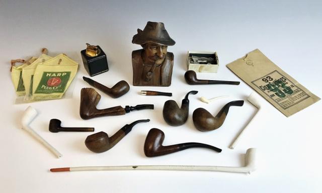 Vintage Tobacco Collectibles, Pipes, (22pc): Collection of vintage tobacco items: (8) Carved briar pipes, some French and Italian, (1) Briar cigarette stem, (4) Tobacco bags, "HARP PLUG CUT" and "93 CIGAR CUTTINGS"(4) Pipe cleaning tools, (3) Cl