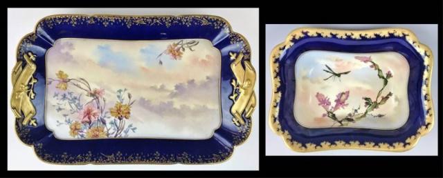 Hand Painted Porcelain, Haviland, Limoges, (2pc): Antique French porcelain platter and bowl, signed "HAVELAND & Co. LIMOGES". Cobalt with gold embellishment, painted nature scenes including flowers and dragonfly. Platter measures: 10.75" H 17" W, Bow