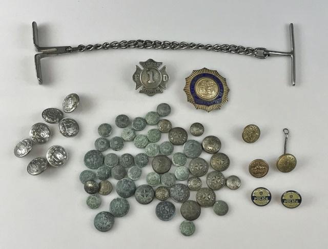 Boston, New York, Police, Fire, RR, (66pc): Collection of antique Boston and New York Fire, Police and Railroad insignia and items: (63) Boston & Maine Railroad, Fire and police buttons and pins, (1) Antique police "come along", (1) Bronx Count