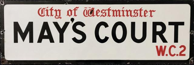 Antique British Porcelain Sign, MAY'S COURT: Antique British three color porcelain sign, reads "City of Westminster MAY'S COURT W.C.2". Excellent condition with small losses at attachment holes. Measures: 12" H x 38" W.