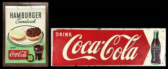 Vintage Coca Cola Advertising Tin Sign, Bag (2pc): Vintage Coca Cola advertising: (1) Circa 1949 advertising paper bag, "HAMBURGER Sandwich and Coca Cola 30C". Signed at bottom, "FORM NO. 1-99 LITHO IN USA". Framed under glass, measures: 19.25" H x 13