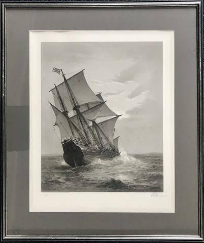 Print of the Mayflower, Marshall Johnson Jr.: Lithographic print of The Mayflower at sea in monochrome by Marshall Johnson Jr., margin signed in pencil "E. G. Farmer". Print framed and matted under glass, measures: 36" H x 30" W.