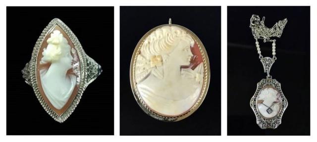 Antique Italian 14K Gold Shell Cameo Jewelry (3pc): Collection of antique Italian carved shell cameo jewelry: (1) Brooch with carved neoclassical female portrait, set in 14K yellow gold, total weight: 8.5 g. (1) 14K white gold pendant with carved neocl