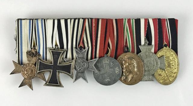 WW1 German Imperial Seven Place Medal Bar: World War One German Imperial Seven Place Medal Bar, includes: (1) Bavarian Military Merit Cross, (1) German Iron Cross 2nd Class, (1) German War Aid Merit Cross, (1) German Red Cross Medal, (1) 1905 