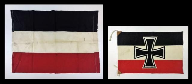 WW1 German Imperial Flags, (2pc): Two World War One German Imperial Flags: (1) German imperial national flag, constructed of cotton with red black and white, measures: 18" H x 26.5" W, (1) German Imperial iron cross flag. Cotton const