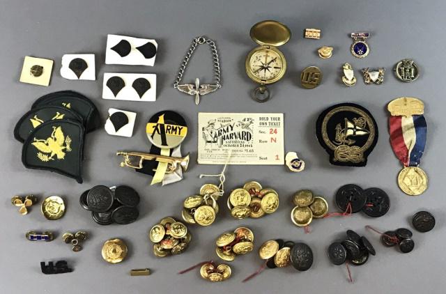 WW1 WW2 Post War Military Insignia (109pc): Collection of one hundred-nine World War One and World War Two military and civilian insignia including patches, pins, buttons and other items.