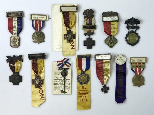 Spanish American War Veterans Medals, (13pc): Collection of thirteen early 20th C. Spanish American War Veterans medals identified to George A. Porter, Racine Wisconsin. Medals include U.S. Spanish American War Veteran medal and a series of medal