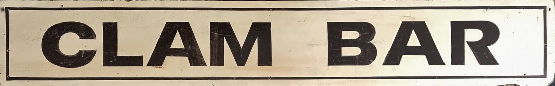 Large Hand Painted Wooden Trade Sign, Cape Cod: Large vintage one sided hand painted trade sign with cream background and brown painted letters, reads "CLAM BAR". Sign found in Provincetown, Massachusetts. Good condition with wear, measures: 12" H 