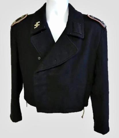 WW2 German SS Panzer NCO Assault Jacket: World War Two German SS Panzer NCO Assault Jacket. Black wool construction, nine button double breasted front closure with lay down collar. Interior with partial twill lining with two pockets, adjustm
