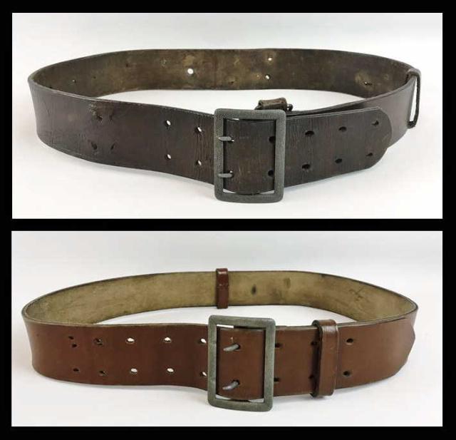 WW2 German Heer Officer Belt & Buckle, (2pc): Two World War Two German Heer Officer Belt and Buckle. (1) Pebbled non magnetic two claw buckle, heavy brown leather belt with metal suspension loop and leather loop, belt with additional holes, (1) P