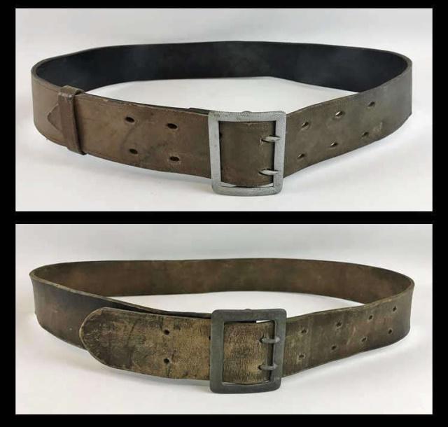 WW2 German Heer Officer Belt & Buckle, (2pc): Two World War Two German Heer Officer Belt and Buckle. (1) Pebbled non magnetic silver washed two claw buckle, heavy brown leather belt with leather loop, belt with impressed "110" size stamp, (1) Peb