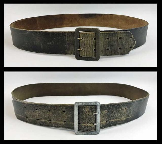 WW2 German Heer Officer Belt & Buckle, (2pc): Two World War Two German Heer Officer Belt and Buckle. (1) Pebbled non magnetic silver washed two claw buckle, blackened leather belt, (1) Pebbled non magnetic two claw buckle in brass, heavy brown le