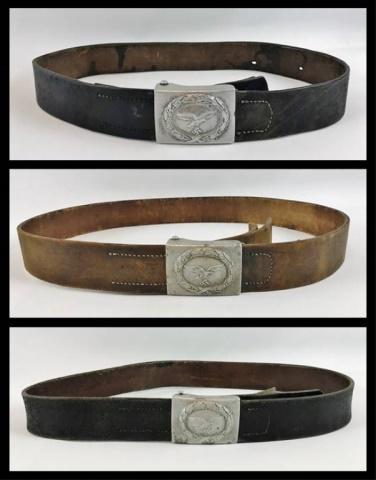 WW2 German Luftwaffe Combat Belts & Buckles, (3pc): Three World War Two German Luftwaffe Combat Belts & Buckles: (1) Die struck buckle with wreathed Luftwaffe eagle. Heavy black leather belt, reverse with illegible mark in ink and "105" size mark, adju