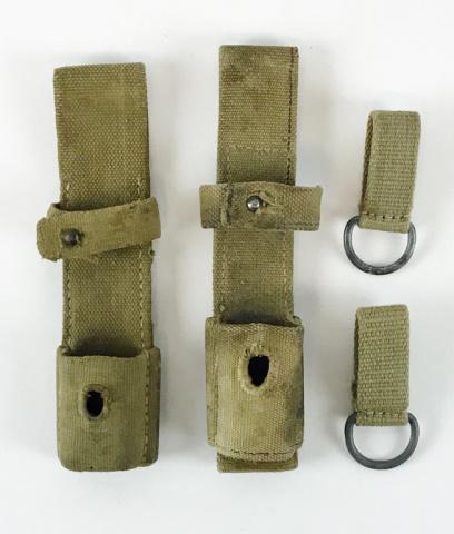 WW2 German Tropical K98 Bayonet Frogs, Loops (4pc): World War Two German Tropical K98 Bayonet Frogs and Attachment loops: (2) German tropical K98 bayonet frogs. Crafted of heavy khaki cotton web material with strap, (2) Khaki web attachment loops with 