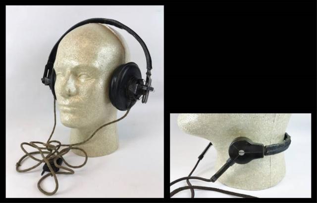 WW2 German Panzer Headset, Throat Mic, Dfh.b (2pc): World War Two German Heer Panzer Dfh.b Headset and throat microphone set. Painted steel construction with leather and rubber covers, earphone bracket marked "Dfh.b". Cloth covered cord with metal two 