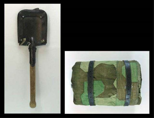 WW2 German Heer Zeltbahn, Entrenching Tool, (2pc): World War Two German Heer Entrenching Tool and Zeltbahn Shelter. (1) German entrenching tool with leather cover. Wood shaft with eagle stamp in ink, sharpened metal shovel head. (1) Cloth splinter pat