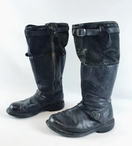 WW2 German Luftwaffe Flight Boots, Pair: Pair of World War Two German Luftwaffe Flight Boots. Black leather and suede construction, zipper closure, tab marked "DRP Ri Ri" with leather adjustment tabs. Interior fleece lined, sewn and nailed l