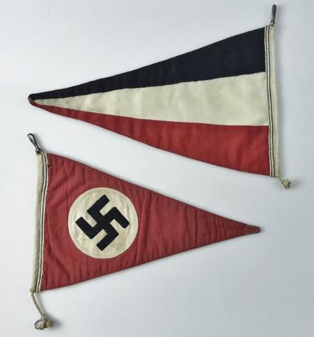 WW2 German Divisional Command, NDSAP Pennant (2pc): Two World War Two German Pennants. (1) Heer Divisional Command National Tricolor pennant, double sided sewn wool / linen fabric with metal clip at hoist, (1) NDSAP pennant, double sided with stitched 