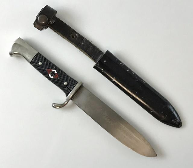 WW2 German Hitler Youth Knife, Anton Wingen: World War Two German Hitler Youth knife with motto. Bright steel blade with etched motto, "Blut und Ehre!" and etched maker mark "ANTON WINGEN JR SOLINGEN GES. GESCHUTZ.". Nickel plated fittings with 