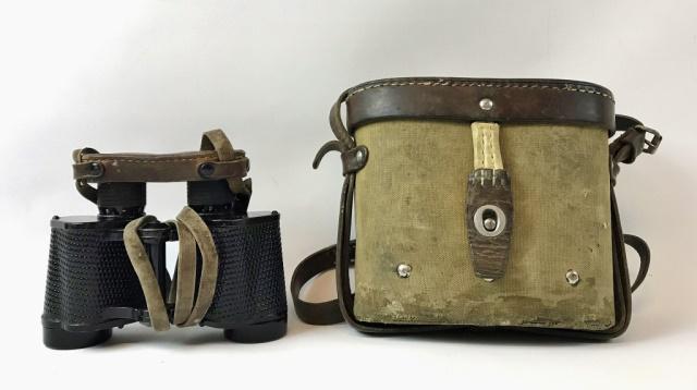 WW2 Russian Red Army Field Binoculars with Case: World War Two Russian Red Army Field Glasses. Black painted metal construction with adjustable lenses. Binoculars marked "6X30 54555 20 B" Binoculars with leather eye cup cover and leather carrying st
