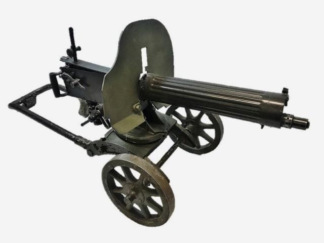 WW2 Russian M1910 Maxim Machine Gun, 1945, INERT: World War Two Russian Maxim Machine Gun on Wheeled Sokolov Mount with Steel Ballistic Shield. Inoperable Dummy receiver with all original parts, cover signed "KORI 1945 AP1" with many parts numbered o