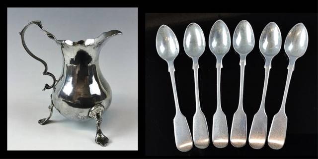 British George III Sterling Creamer, Spoons (7pc): Collection of British Sterling Silver: (1) George III sterling silver creamer with hallmarks for London, 1764 and "TH" (Thomas Hatton, Reg. 1760). Excellent condition with wear, measures: 3.85" H, wei