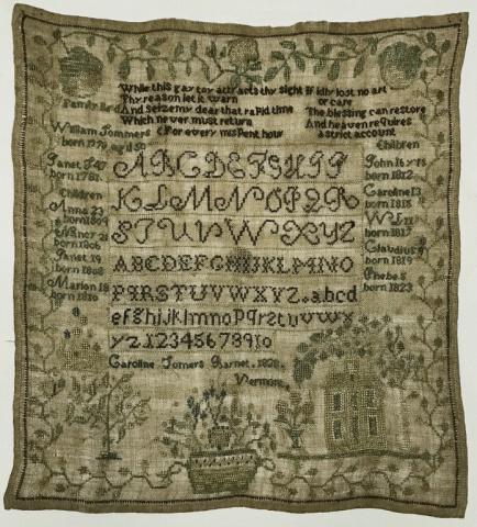 Antique American Sampler, Barnet VT. 1828: Antique American Sampler, Barnet, VT 1828. Sampler on linen produced by 13 year old Caroline W. Somers of Barnet, Vermont in 1828. Measuring 16"W X 17.75"H, and using multiple color threads, the sampl