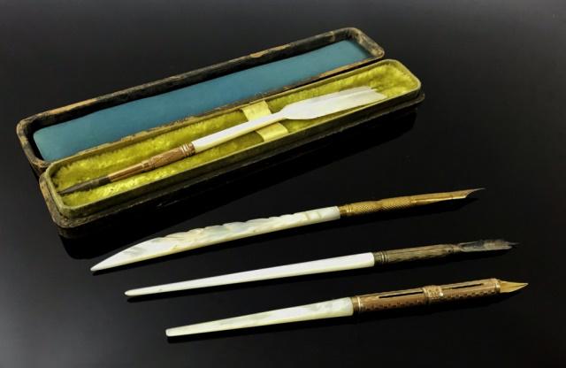 Antique Mother of Pearl Dip Pens, (4pc): Collection of Four Mother of Pearl Stem and Gilt Tipped Dip Pens: (1) MOP stem with knurled gilt metal tip, signed "L. M. SMITH", (1) MOP stem with knurled gilt and steel tip, (illegible signature), (