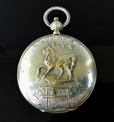 Antique Swiss Silver Pocket Watch, Perret & Co: Antique Swiss Coin Silver Pocket Watch, Perret & Co. Full hunter case crafted of coin silver with gilded horse and hand chased foliate decoration. White porcelain face with Roman Numeral radial dial a