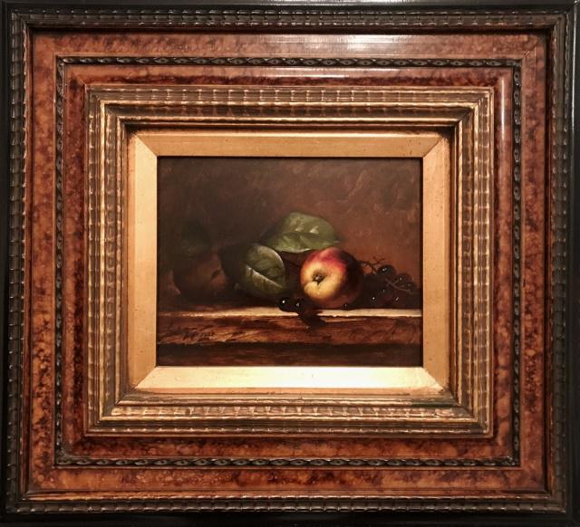 Painting, Oil on Canvas, (Jeff Legg b-1959): Oil on canvas painting, still life of fruit, signed lower left corner "Legg 1999", (Jeff Legg, American b-1959). Painting set in quality moulded burl wood frame, measures: 19" H x 21.5" W, image: 7.5"