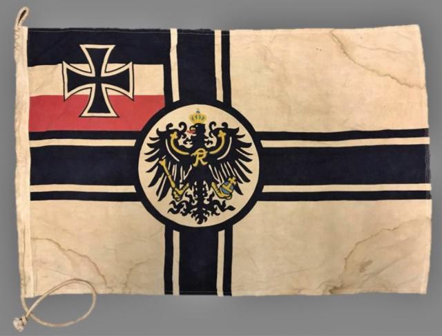 WW1 Imperial German War Flag: World War One Imperial German War Flag. Heavy cotton / Linen construction with printed devices. Hoist with sewn in rope halyard, border stamped in ink, "KRIEGSFLAGGE" and "60 X 90". Good condition wit