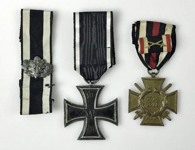 German 1871 Iron Cross, Spange, WW1 Service (3pc): Three Imperial German Medals: (1) 1871 German Iron Cross Second Class. Die struck multi - piece construction with iron core, Obverse with crowned "W" and "1871", reverse with "1813", black and white r