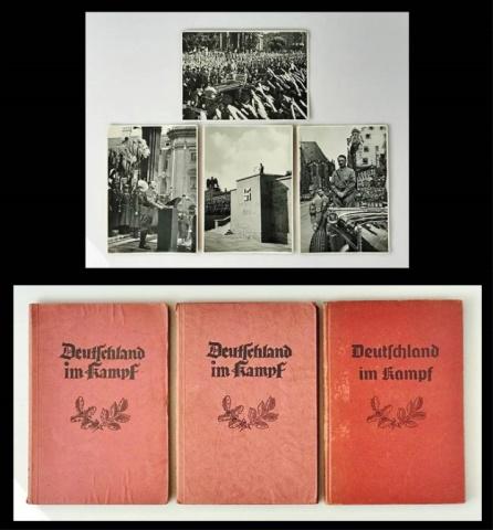 WW2 German Photographs, Deutschland im Kampf (7pc): Collection of World War Two German photographs and books: (4) Black and white photographs of Adolf Hitler and Nazi Party scenes, reverse with descriptions. (3) Books, "Deutschland im Kampf (Germany in