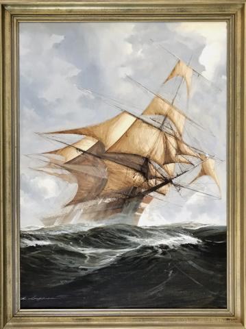 Painting, Oil on Canvas of Ship Under Sail: Large 20th C. Oil on Canvas Painting of sailing ship at sea. Painting signed lower left corner, (illegible). Painting set in gilt wood frame, measures: 54" H x 41" W, image: 47.5" H x 34" W.