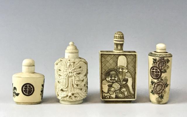 Antique Chinese Qing Dynasty Snuff Bottles (4pc): Collection of Four Antique Qing Dynasty Snuff Bottles. Hand carved and decorated, two with polychrome ink embellishment. Bottles decorated with traditional Chinese themes including Dragons and Mytholo