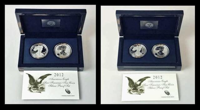 2012 S Mint Silver Eagle Two Coin Proof Sets (2pc): Two 2012 San Francisco Mint Two Coin Proof Sets. Each set with Proof Silver Eagle and Reverse Proof Silver Eagle. Four coins total come with all original US Mint packaging including fitted case and CO