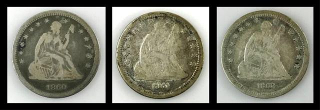 1860, 1862, 1863 Seated Quarters, VG - VF (3pc) (1 of 7)