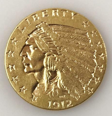 1912 P $2.50 Indian Head Gold Coin, AU (1 of 2)