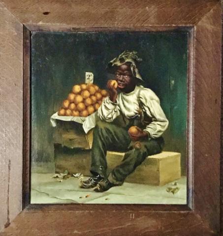 1930's Oil on Board, Black Americana Painting: 1930's WPA Painting, Oil on Board Black Americana. Skillfully painted scene of a young black boy selling oranges. Panting in excellent condition and set in period wooden frame, reverse with "WPA" tag,