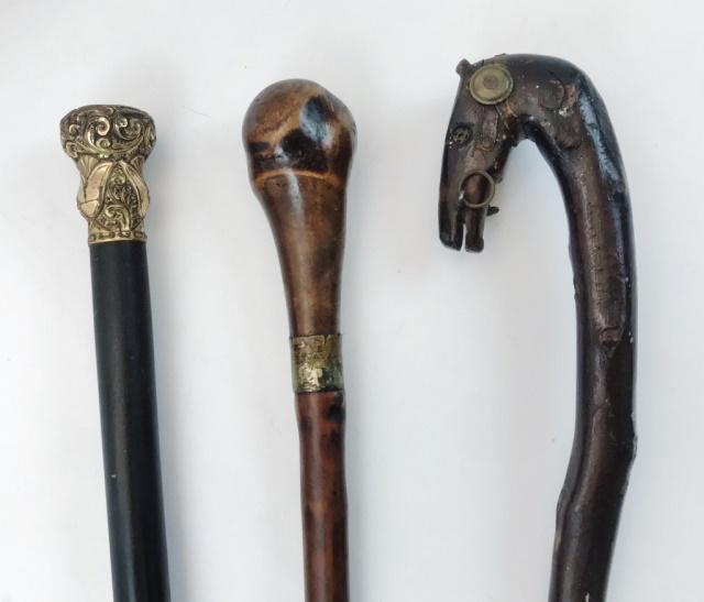 Three 19th C. Walking Sticks, (3pc): Three 19th C. Walking Sticks: (1) Hand carved horse head blackthorn stick with brass decoration, (1) Gold filled topped stick with hand chase foliate design, (1) Polished briar cane. Walking sticks in